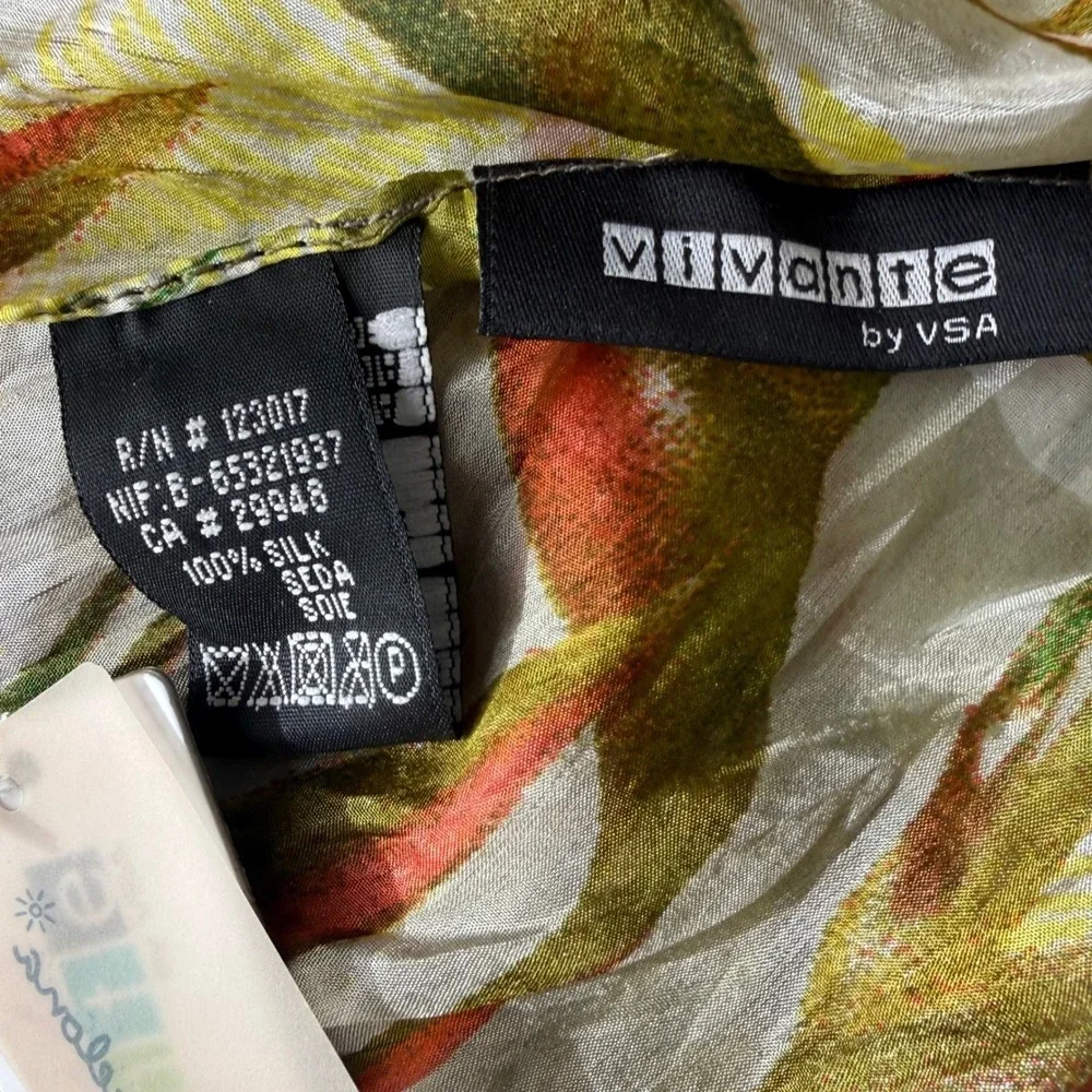Vivante 100% Silk Scarf‎ Tropical Leaf Print Yellow Green Coral 71x20
